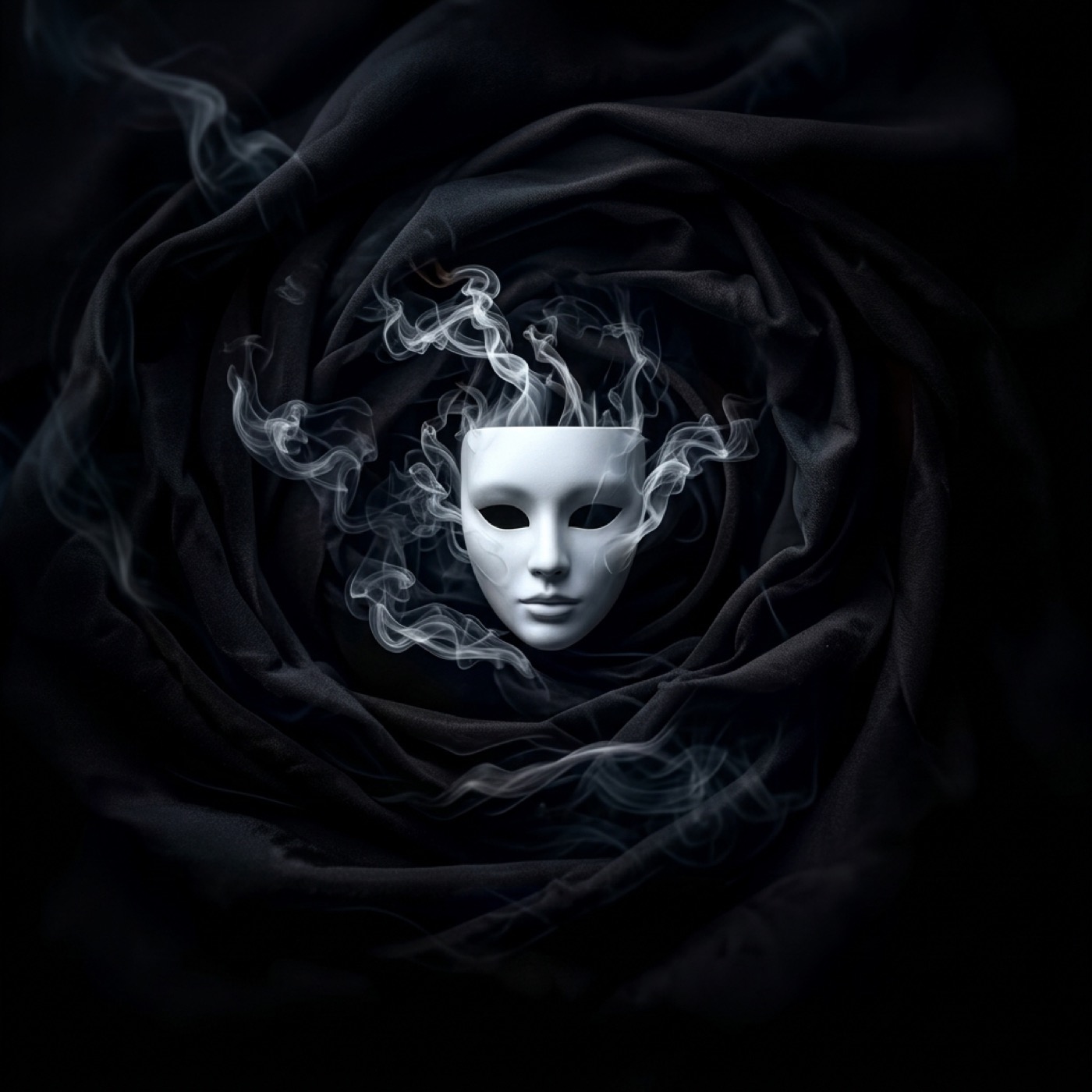 A white mask in smoke, folded in black cloth